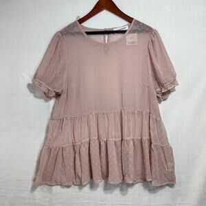 June‎ & Hudson XL Sheer Pink Top Tiered Short Sleeve Polka Dot Coquette Ruffles